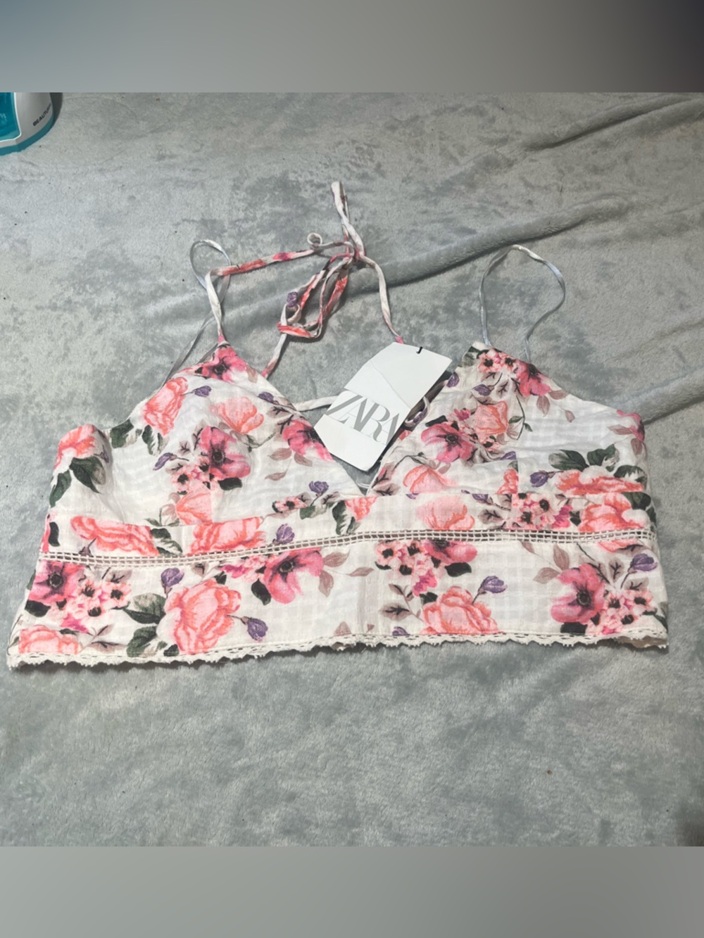 Zara Pink Floral Lace-Trim Crop Top . Cotton